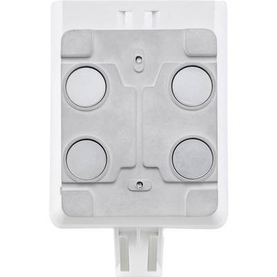 Socket with four round, silver buttons in a rectangular white frame, likely for use in a control environment.