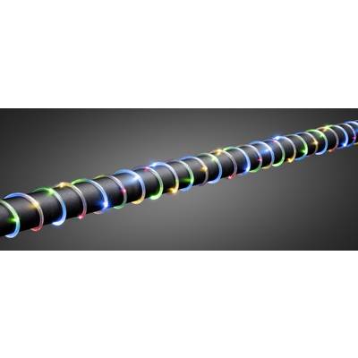 A black cable with colourful lights wrapped spirally around it, against a grey background.