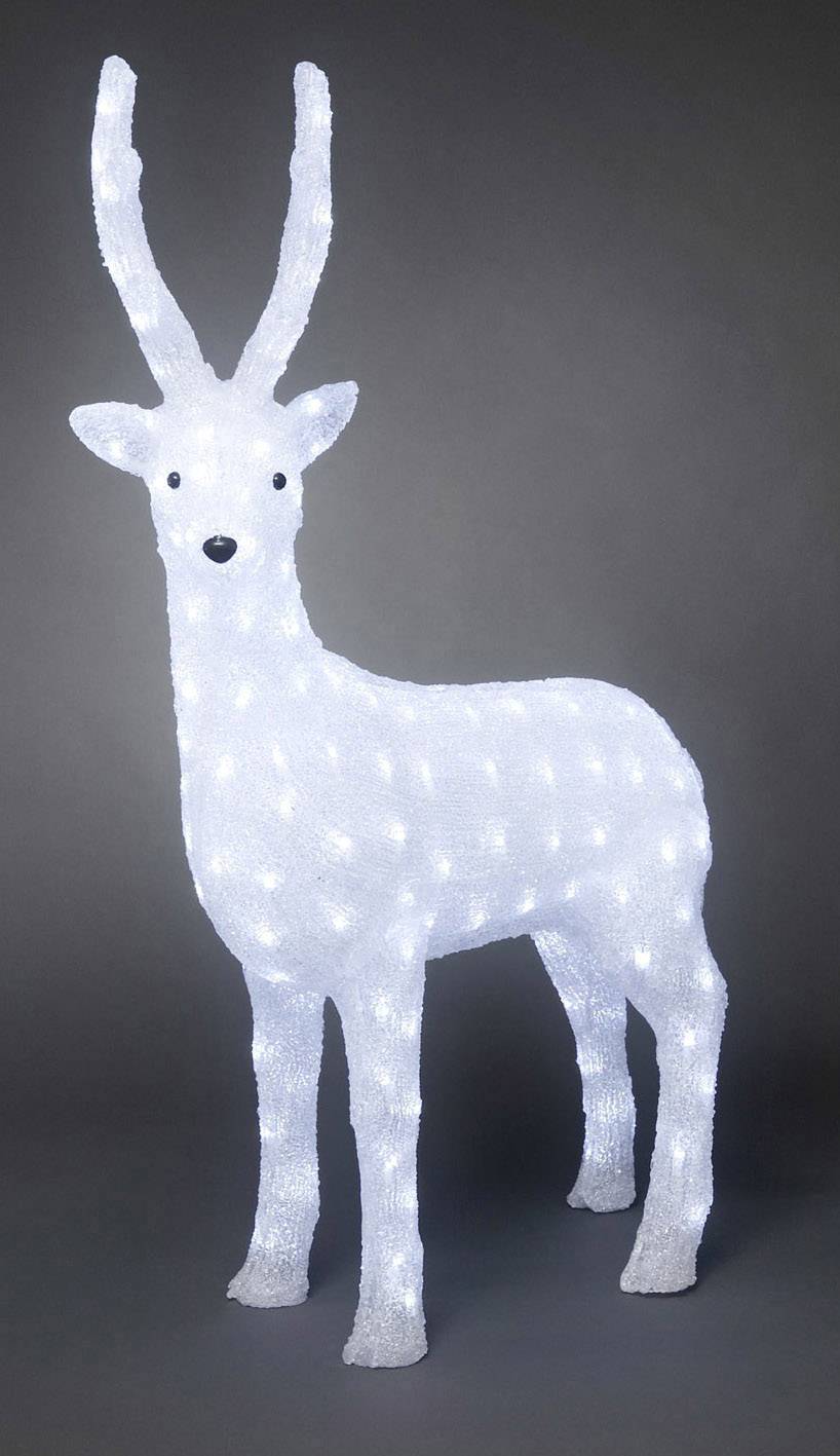 Illuminated Christmas decoration in the shape of a standing reindeer with antlers. The reindeer emits a clear, white light.