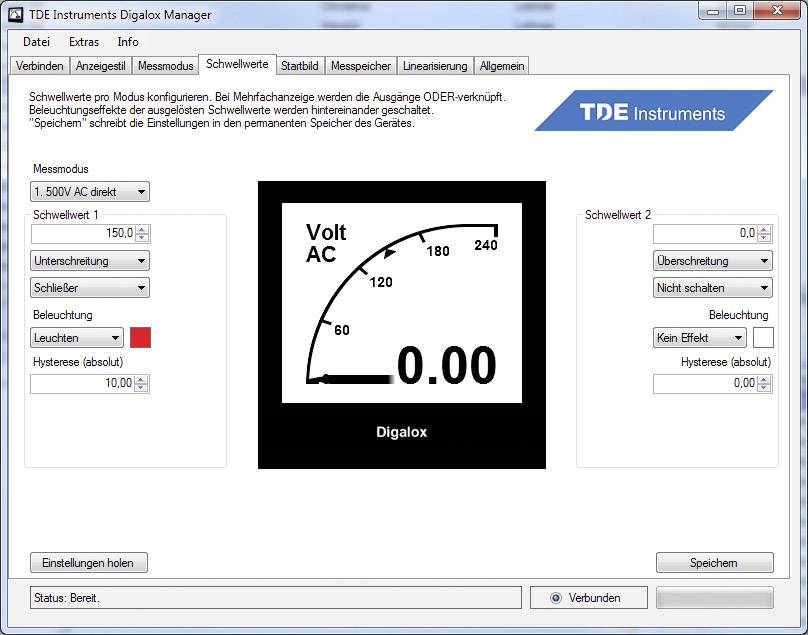 Screenshot of a software program for configuring measuring devices. Main display shows 'Volt AC 0.00'. Various menu options at the top.