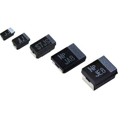 Capacitors of various sizes, arranged side by side. Each component is printed with alphanumeric codes.