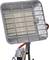 A mobile gas patio heater with a protective guard and a reflective heating panel, suitable for outdoor use.