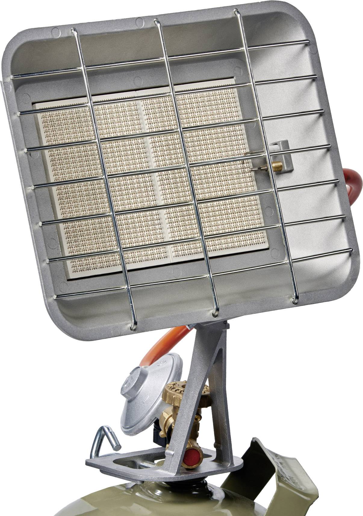 A portable gas heater with protective guard and ignition mechanism, mounted on a propane gas cylinder. Suitable for outdoor use.