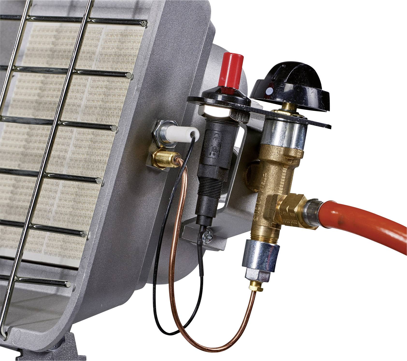 Gas catalytic heater with grid and valve, connected by a red hose. Suitable for heating small rooms.