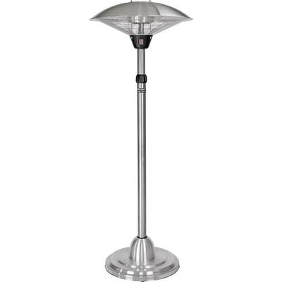 Stainless steel standing radiant heater with a round reflector at the top and a sturdy base. Perfect for outdoor areas to provide warmth.