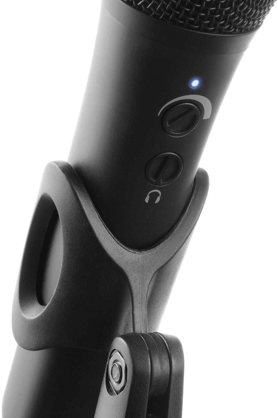 Black microphone with volume control and headphone button, blue status light illuminated, close-up detail of controls.