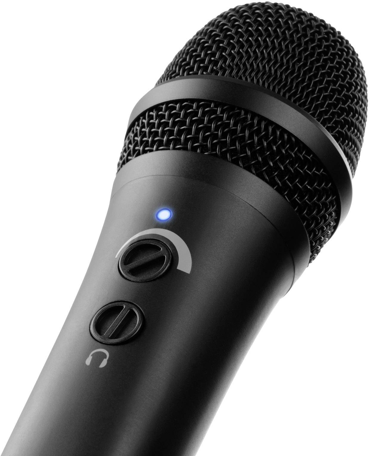 A black microphone with volume and headphone sockets, with a blue illuminated LED indicator on the side.