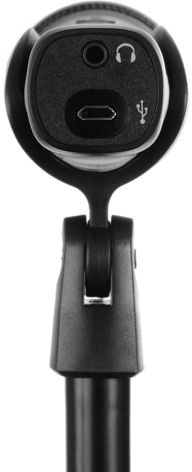 A microphone stand with a USB port and a headphone socket on the front of the microphone.