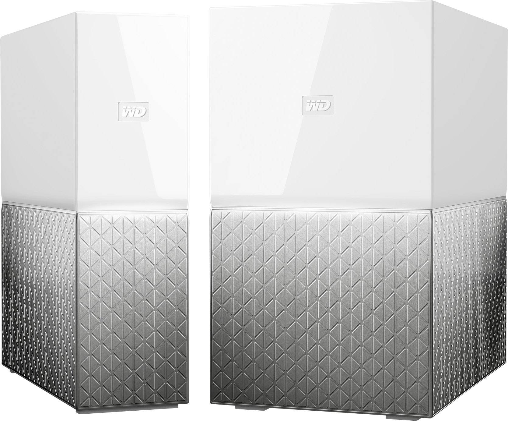 Two white and silver external hard drive enclosures with a square pattern, standing side by side.
