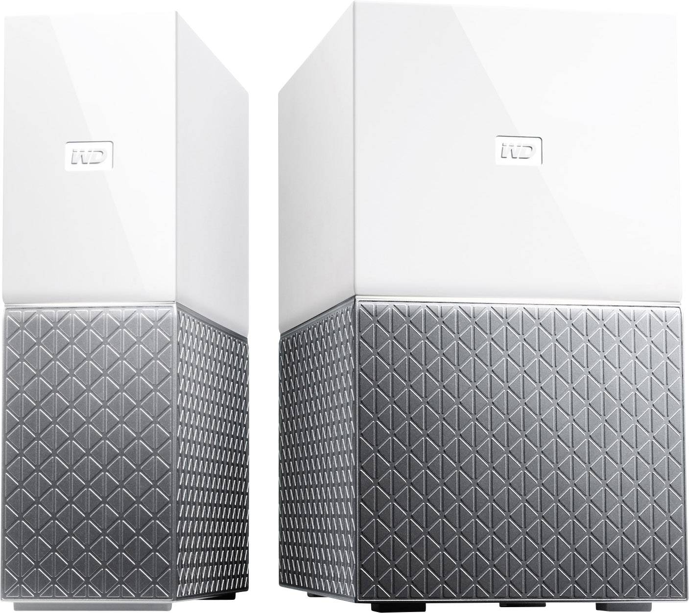 Two white and silver external hard drive enclosures with a geometric pattern. Both devices are from a well-known manufacturer.