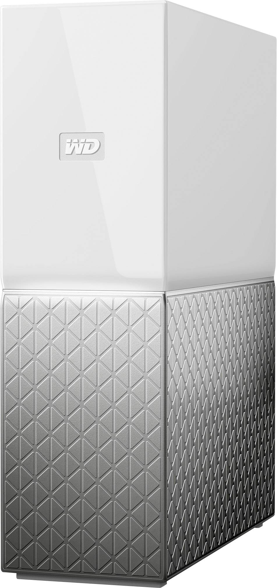 External hard drive enclosure in white and silver with a geometric pattern, suitable for data storage. Brand logo visible at the top.
