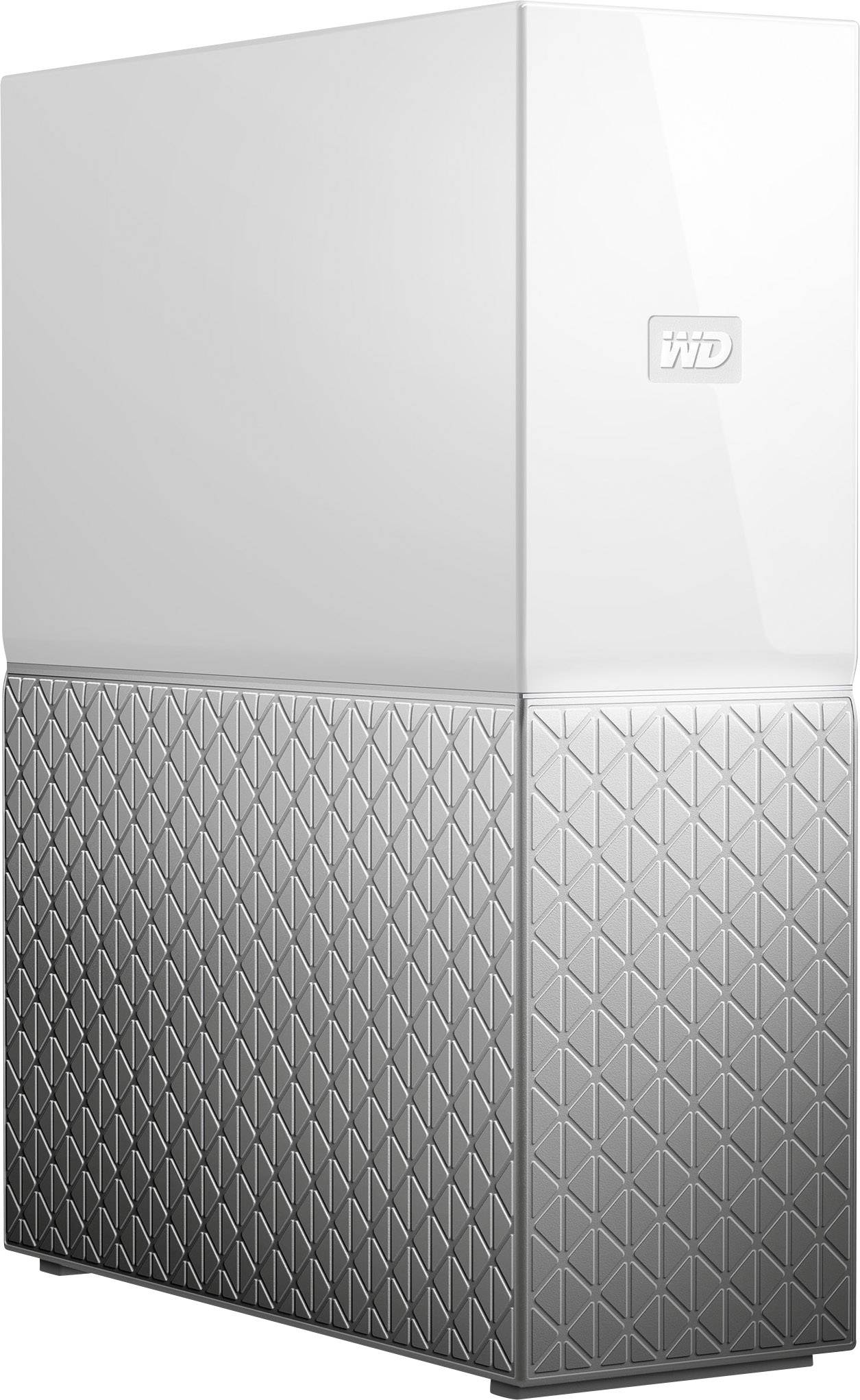 External hard drive by WD with a glossy white top and a silver, patterned bottom section.