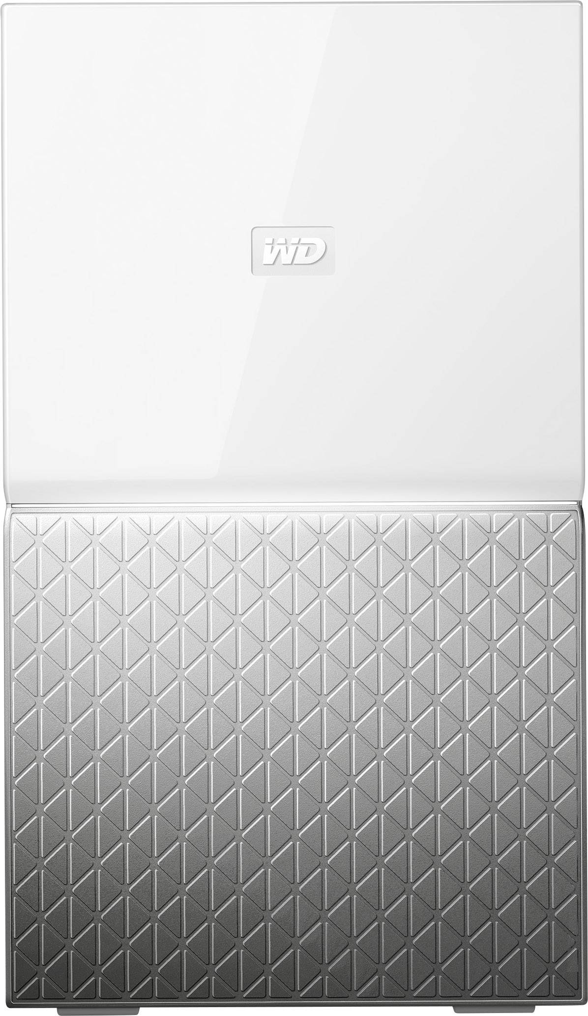External hard drive with a white, glossy upper section and a silver, geometrically patterned lower section.