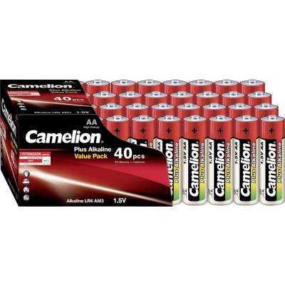 Pack of 40 Camelion Plus Alkaline AA Batteries, valuable offer. Contains high-performance, mercury-free and cadmium-free batteries.