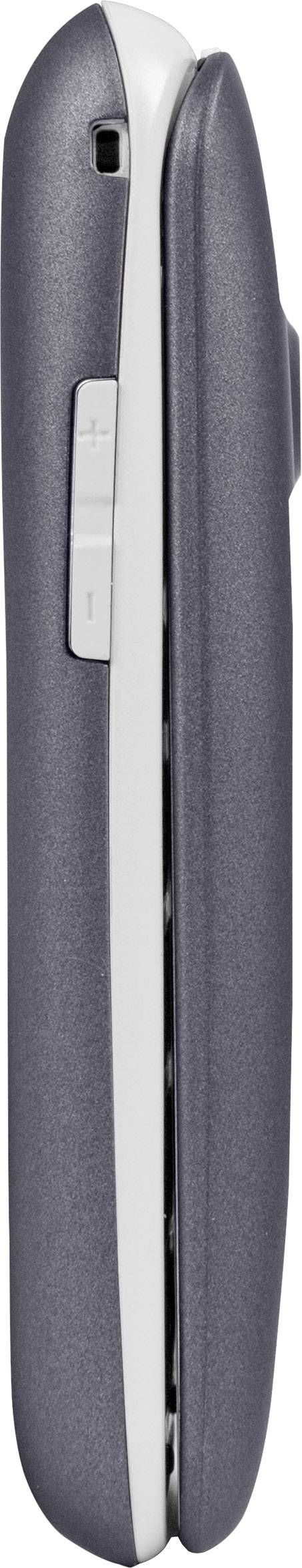 Grey flip mobile phone, side view, with visible volume buttons.
