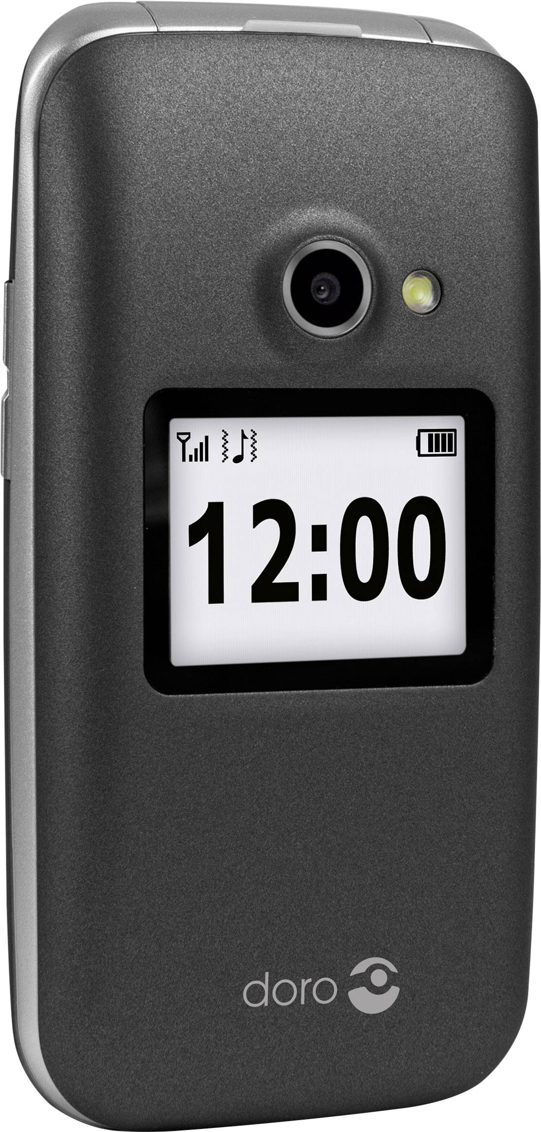 Compact flip mobile phone with external display showing '12:00'. Camera and flash on top. Brand name 'Doro' at the bottom. Ideal for easy operation.