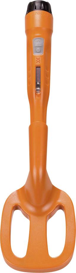 An orange metal detector with an ergonomic handle and digital display on the front.