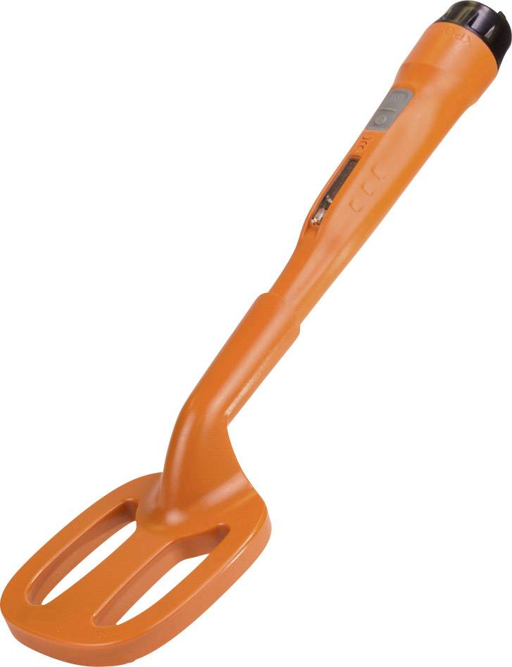 Orange handheld metal detector with an oval search coil, commonly used for metal detection.