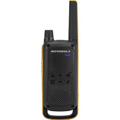 A black radio with orange accents, multiple buttons, and an antenna. The Motorola logo is visible at the top.