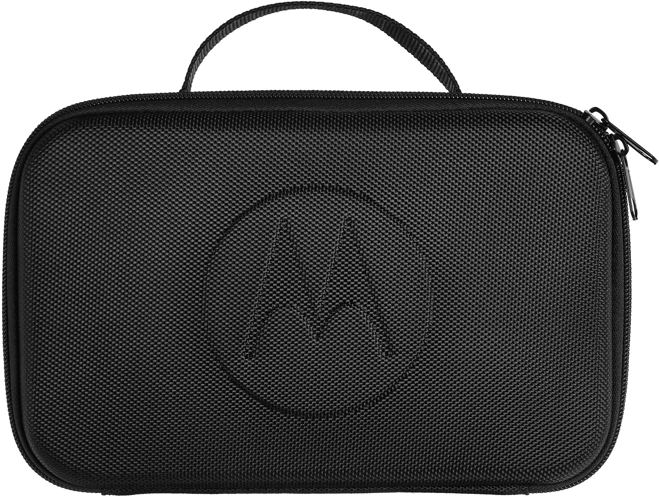 Black, rectangular zip-up case with a carry handle, embossed with a large 'M' logo in the centre.