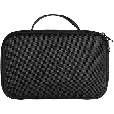 Black, rectangular zip-up case with a carry handle, embossed with a large 'M' logo in the centre.