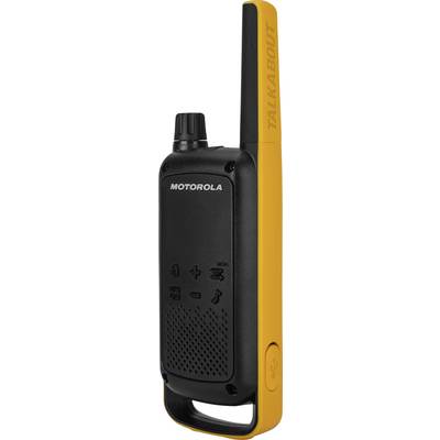 A Motorola walkie-talkie in black and yellow, with a long antenna section and multiple buttons on the front.