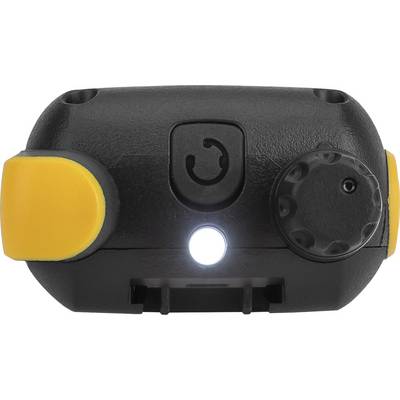 A black, rectangular device with yellow edges, an illuminating LED, and a round button.