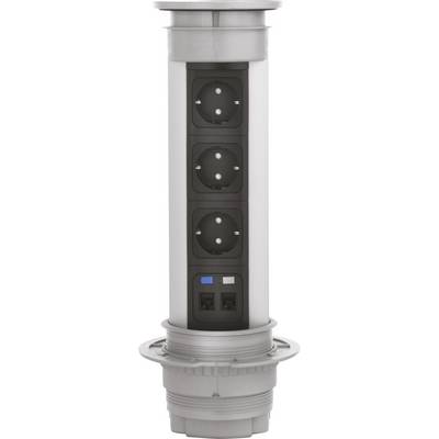 Retractable power strip with three plug sockets and two network connections, housed in a silver casing.
