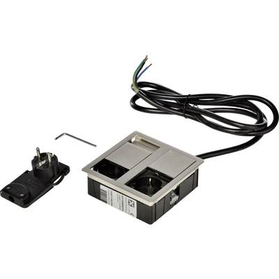'Multi-socket extension lead with two outlets and cable. Includes small components and an installation spanner.'