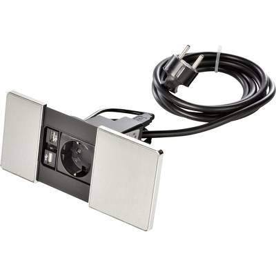 'Built-in socket with two USB ports and a Schuko plug, suitable for installation in furniture or work surfaces.'