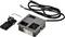 'Black socket module with two slots, power plug, cable and hexagonal key. Set for mounting electrical components.'