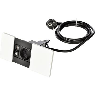 Black power strip with black cable, one socket and two USB ports, built into a white housing.