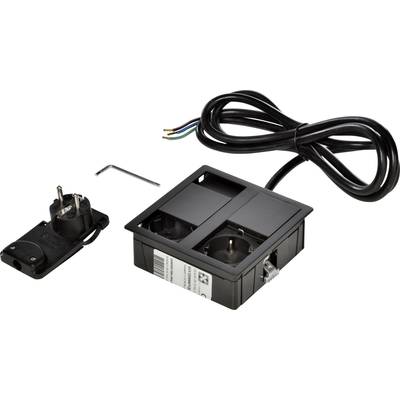 Electric table connection with two power sockets, cable, spanner and plug. Designed for integration into office furniture.