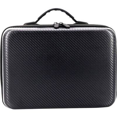 Black suitcase with a carbon-like surface and carrying handle.