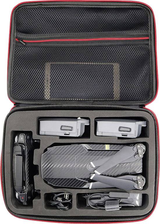 Drone neatly packed in transport case with two batteries, remote control, and accessories. Perfect for safe transport and storage.