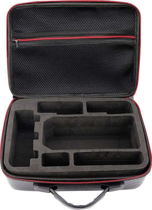 Opened black suitcase with a red zip, featuring interior padding with various compartments for secure storage of items.