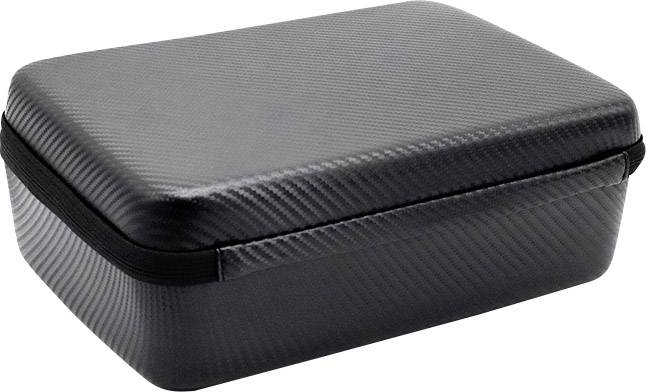 A rectangular, black case with a simple surface and zip. It appears sturdy and is suitable for storing small items.