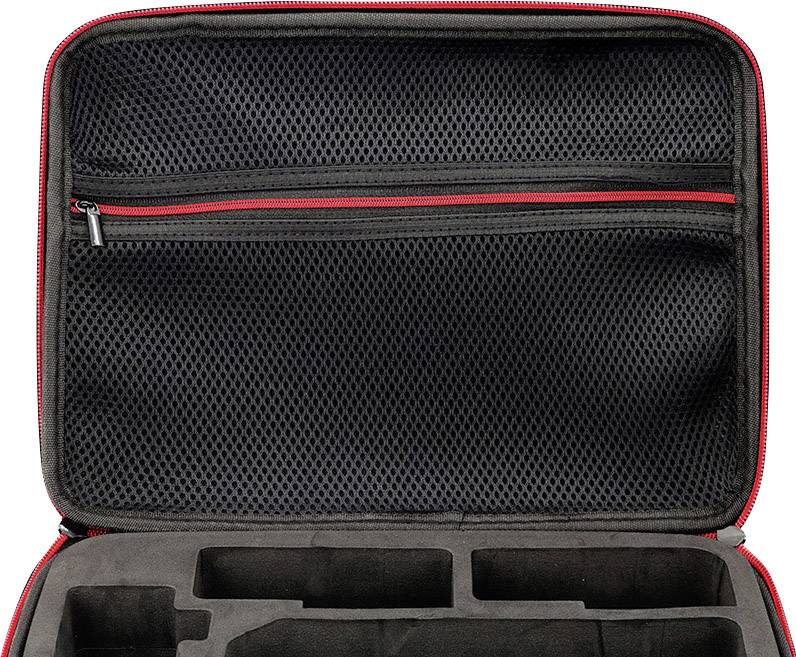 Black suitcase with red accent stitching, interior zippered mesh pocket and padded compartments for storing devices.