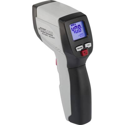 Infrared thermometer with display. Shows 40.8 degrees Celsius. Plastic casing in black and grey with a red button.