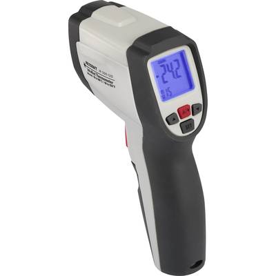 Infrared thermometer with digital display showing '-24.2' and '0.15'; Black and white casing, buttons for settings.