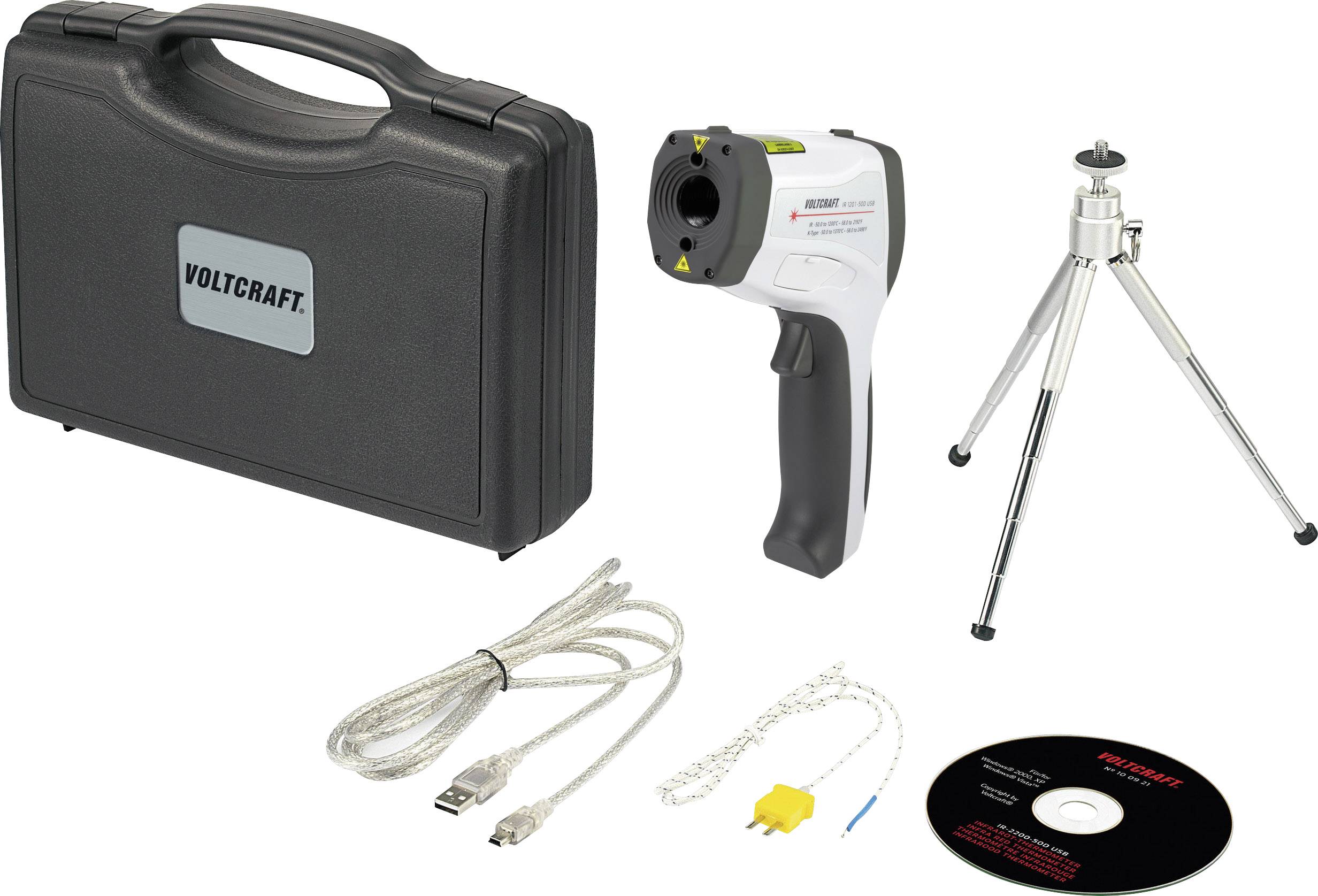 Portable infrared temperature meter, tripod, USB cable, K-type thermocouple, CD, all in a black hard-shell case.