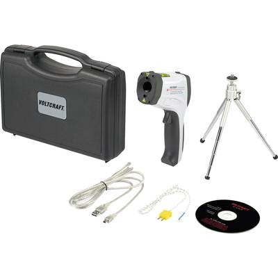 Portable infrared temperature meter, tripod, USB cable, K-type thermocouple, CD, all in a black hard-shell case.