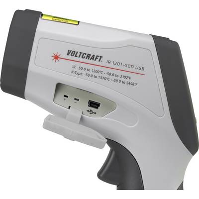 Infrared thermometer with digital display, Voltcraft brand, measuring temperatures from -50°C to 1200°C, USB connection visible.