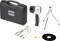 An infrared thermometer set with a black carry case, a tripod, a USB cable, a temperature sensor, and a CD.