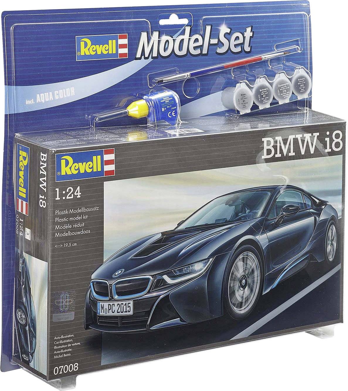 Model kit 'BMW i8' by Revell in 1:24 scale. Set includes Aqua Colour paints, glue and brushes. Packaging displays an image of the model.