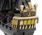Model of a historic sailing ship with a detailed stern, adorned with golden ornaments, lanterns, and figures.