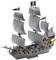 Black pirate ship model with five sails and skull-and-crossbones flags. Detailed reproduction of a historical sailing vessel.