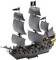 Black pirate ship model with three masts and black and white skull and crossbones flags.