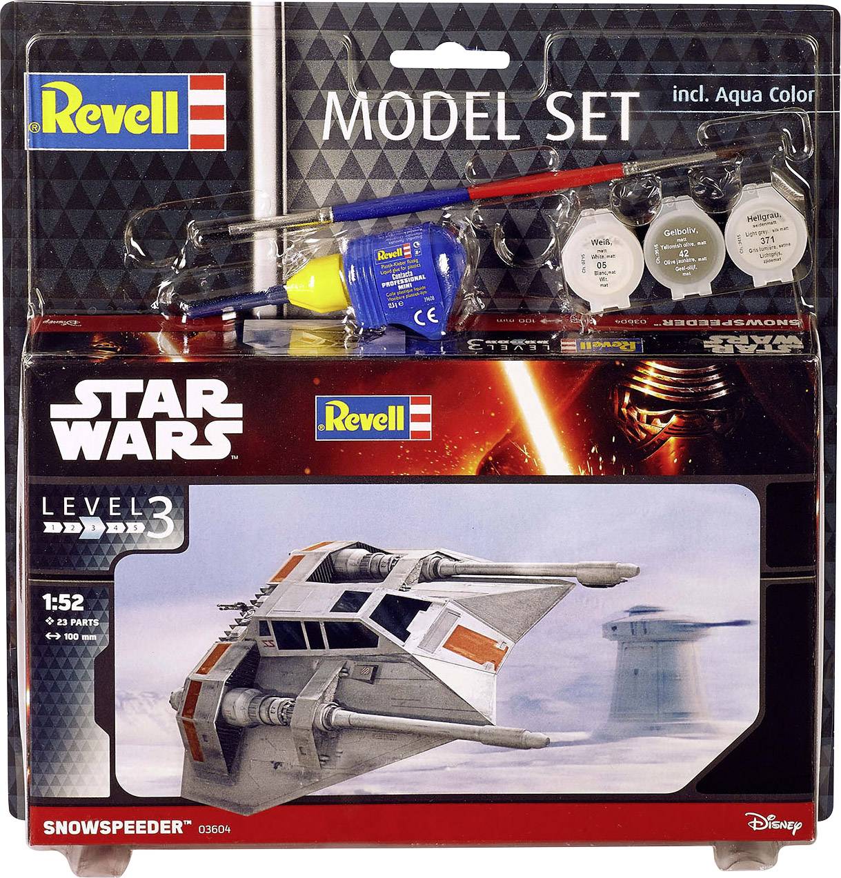 Revell Model Kit 'Snowspeeder' from Star Wars, including paints, glue, and brush. Level 3, scale 1:52, ideal for advanced model makers.