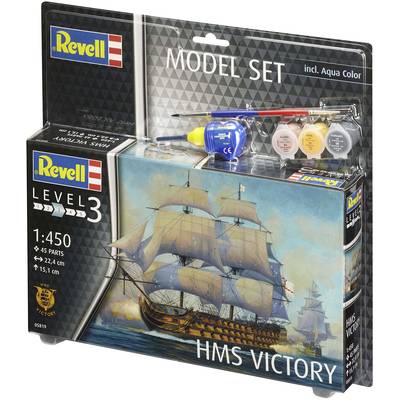 Revell model kit 'HMS Victory' in 1:450 scale, including paints and brush. Depicts detailed sailing ship on packaging.